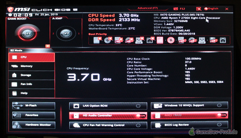 Die sehr intuitive grafische Oberfläche des BIOS von MSI. Hier musst Du normalerweise nichts ändern, könntest aber z.B. die Reihenfolge der Start-Geräte durch Ziehen mit der Maus verändern.