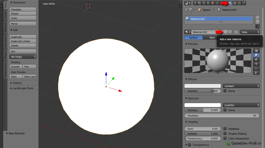 Neues Blender Renderer-Material für die Kugel anlegen.