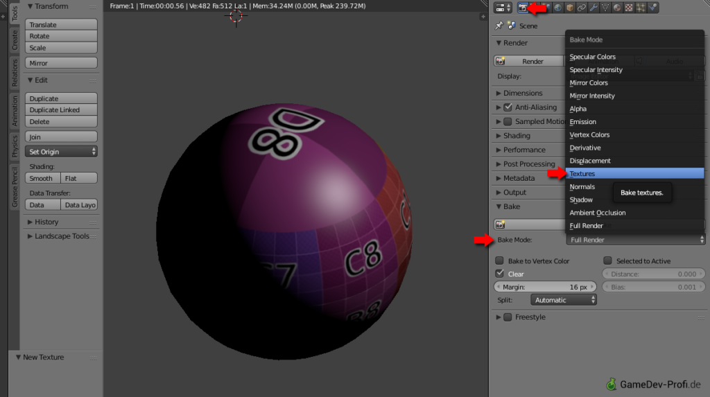 Bake-Modus auf Textures setzen.