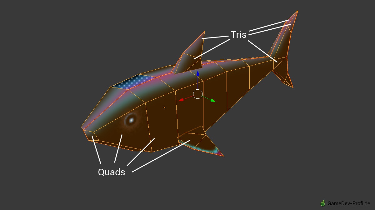 Mesh-Modell eines Hais, das aus Quads und Tris.